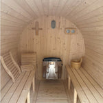 Interior layout of Bayther barrel sauna showing wooden benches and electric heater