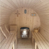 Interior layout of Bayther barrel sauna showing wooden benches and electric heater