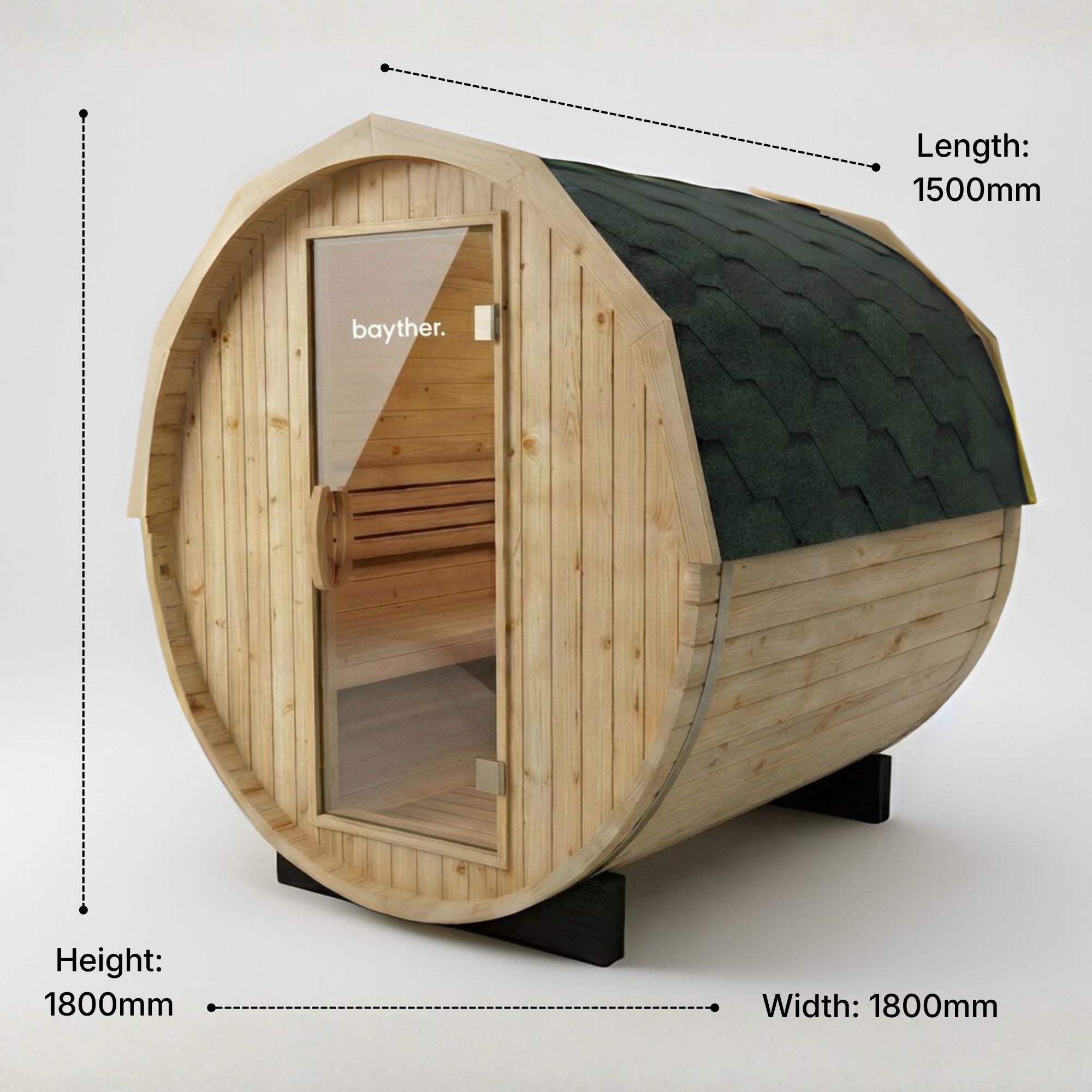 Dimensions of Bayther 2–4 person barrel sauna NZ showing 1800mm width, 1800mm height and 1500mm length outdoor sauna