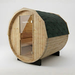 Bayther 2–4 person outdoor barrel sauna NZ made from Finnish spruce with black shingle roof