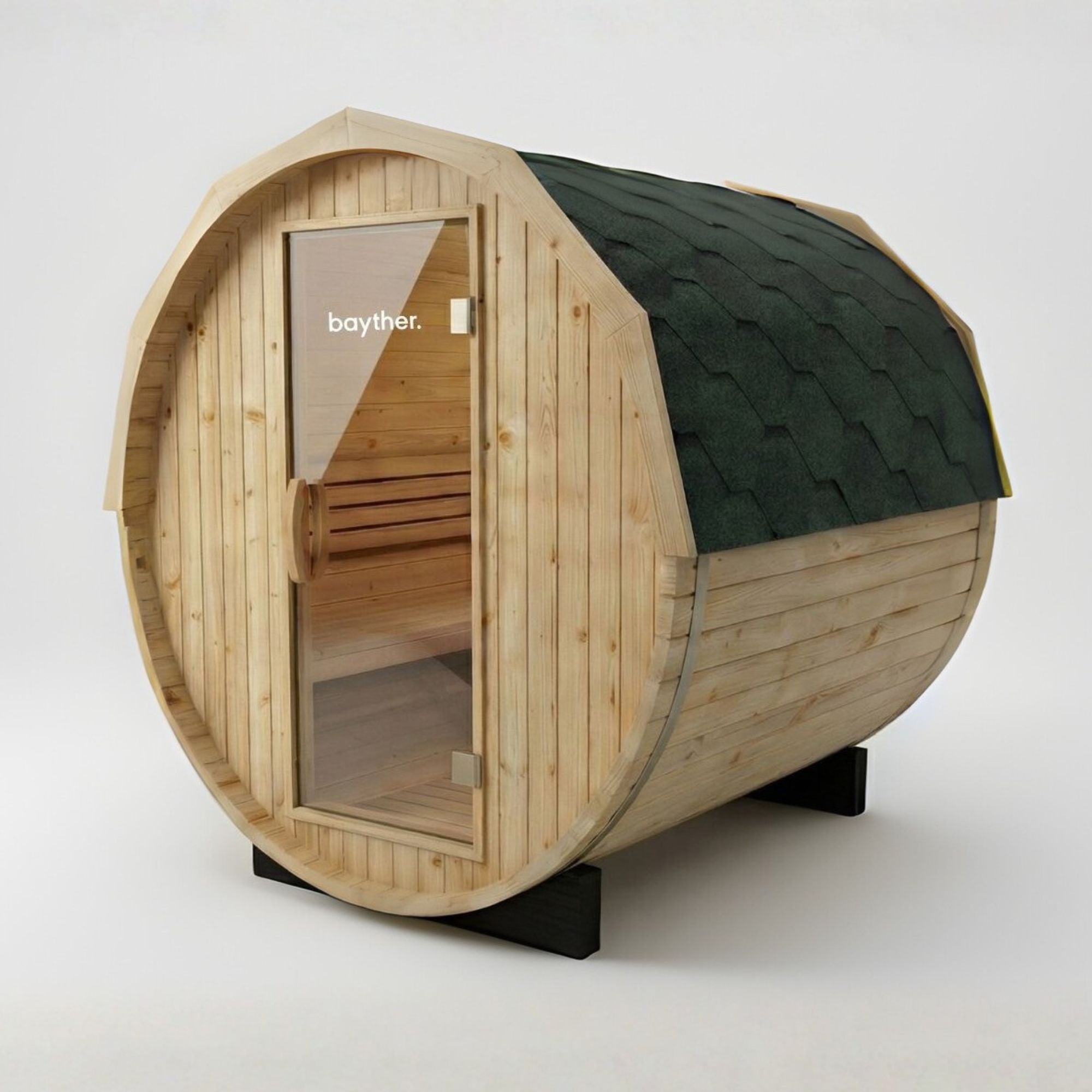 Bayther 2–4 person outdoor barrel sauna NZ made from Finnish spruce with black shingle roof
