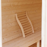Interior Finnish spruce timber bench inside Bayther traditional barrel sauna NZ