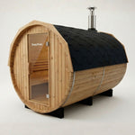 Wood fired 4–6 person barrel sauna with black shingle roof