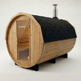 Wood fired 4–6 person barrel sauna with black shingle roof